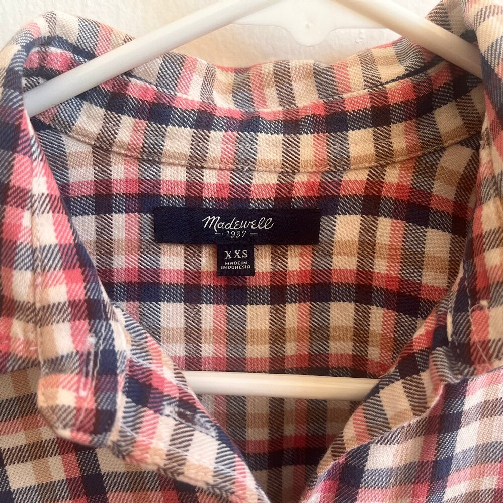 Madewell Women Coral Navy Tan Palma Plaid Cotton Button Flannel Shirt
